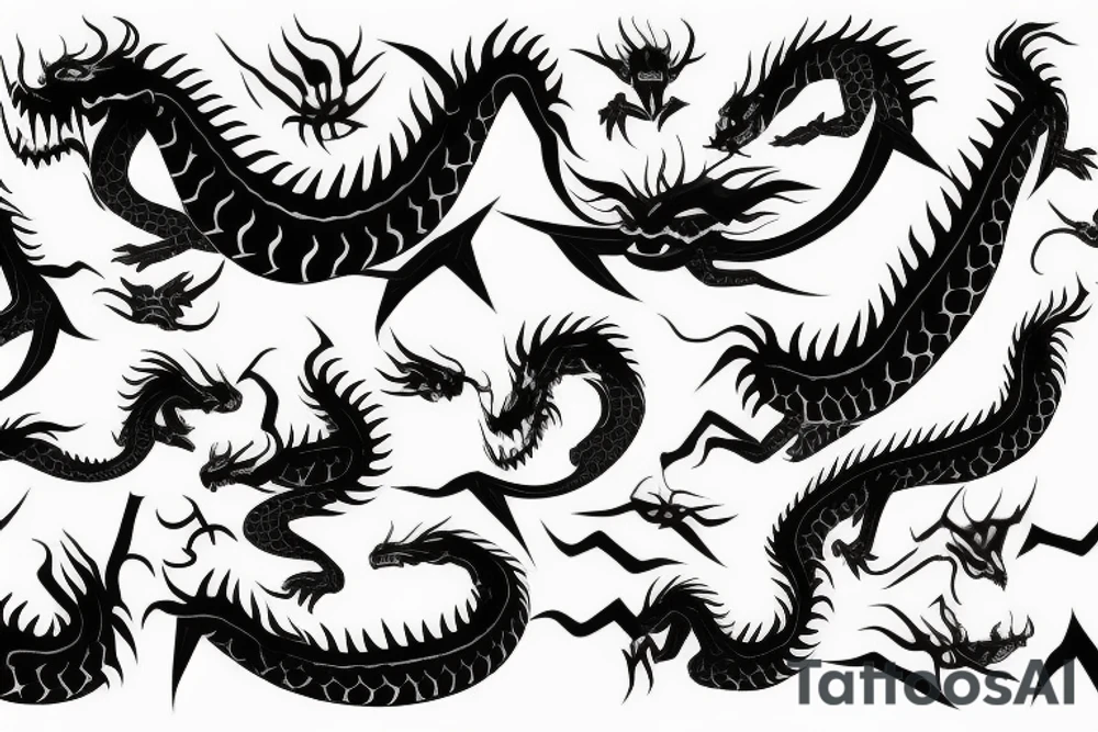Long dragon with oni masks tattoo idea