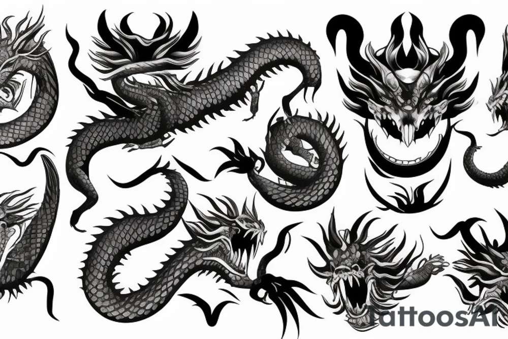 Long dragon with oni masks tattoo idea