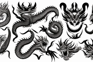 Long dragon with oni masks tattoo idea
