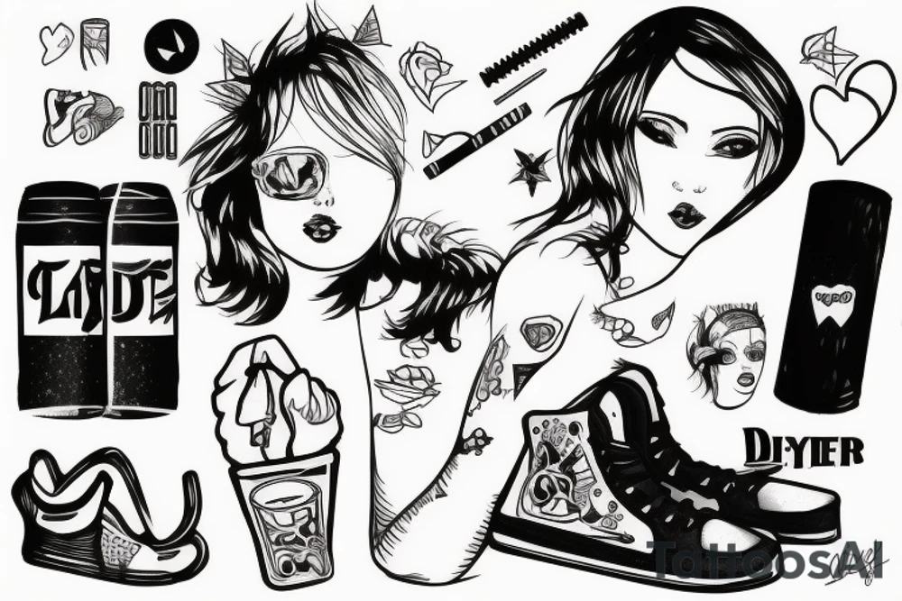 skater girl with cigaret and beer tattoo idea