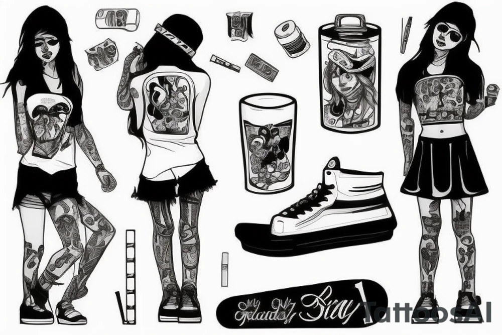 skater girl with cigaret and beer tattoo idea