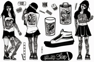 skater girl with cigaret and beer tattoo idea