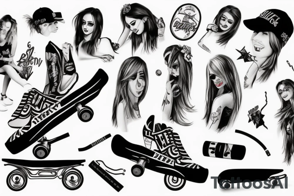 skater girl ride with cigaret and beer tattoo idea