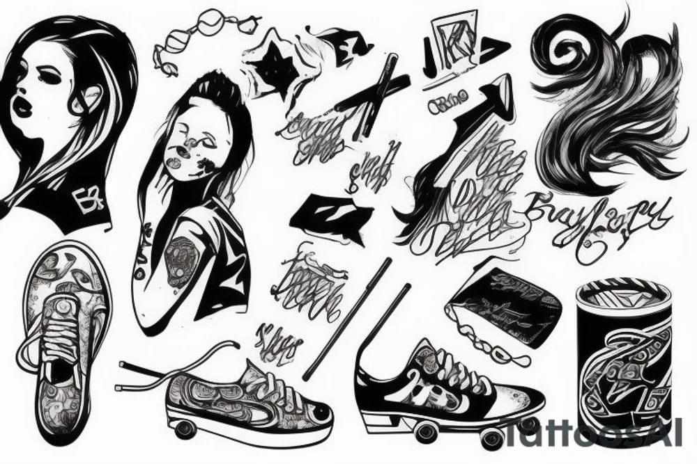 skater girl ride with cigaret and beer tattoo idea