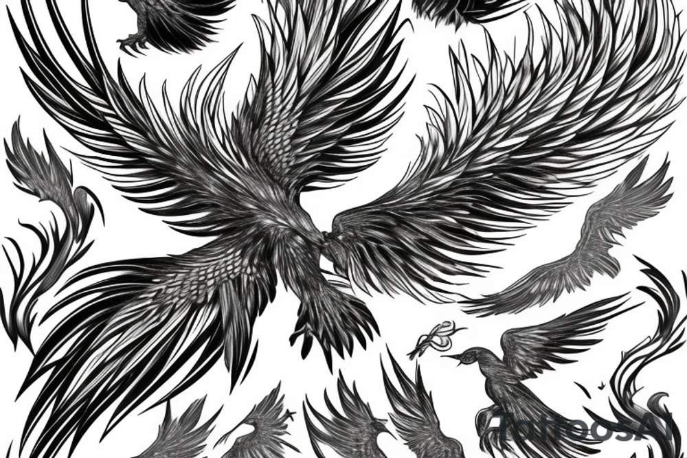 Image of a phoenix bird with spread wings and long tail with feathers tattoo idea