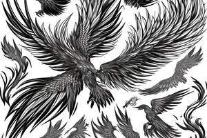 Image of a phoenix bird with spread wings and long tail with feathers tattoo idea