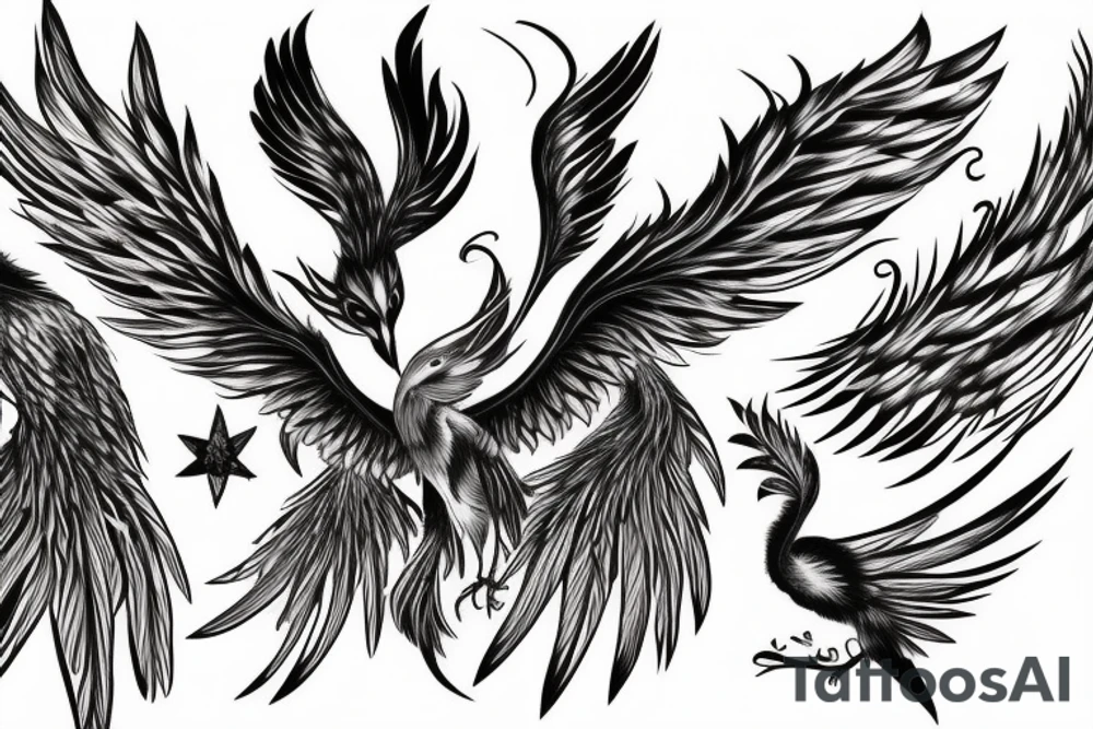 Image of a phoenix bird with spread wings and long tail with feathers tattoo idea