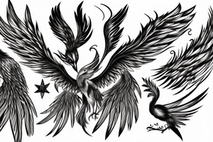 Image of a phoenix bird with spread wings and long tail with feathers tattoo idea