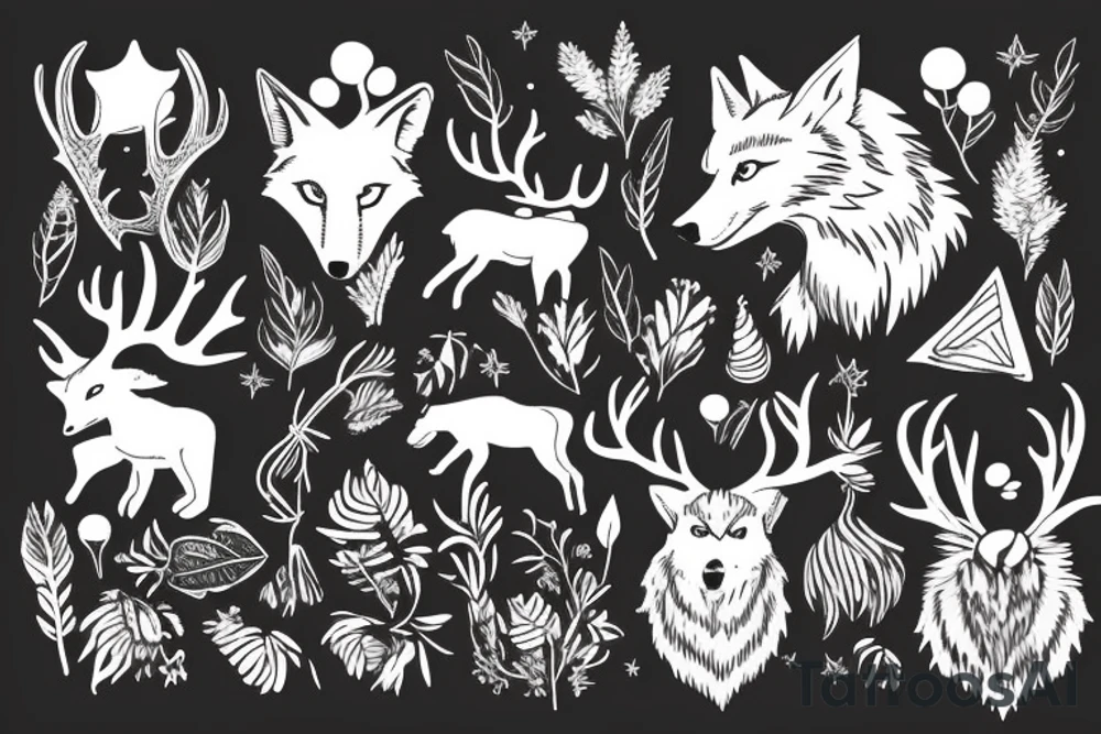 wolf and plants, deer with beautiful antlers. pen dripping blood tattoo idea