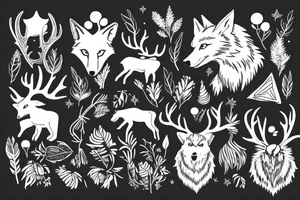 wolf and plants, deer with beautiful antlers. pen dripping blood tattoo idea