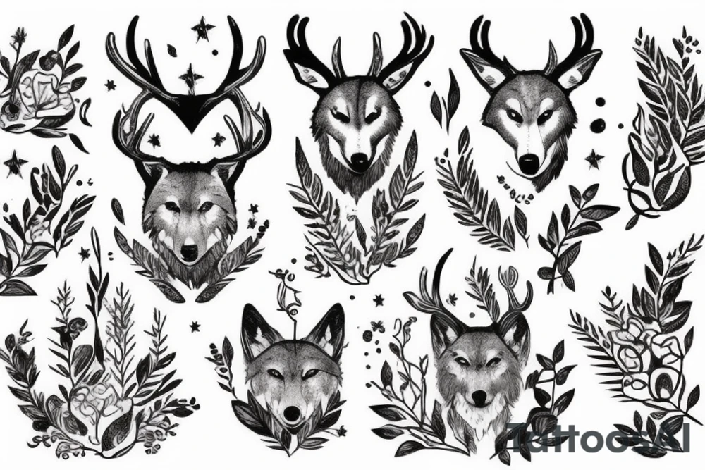 wolf and plants, deer with beautiful antlers. pen dripping blood tattoo idea