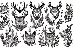 wolf and plants, deer with beautiful antlers. pen dripping blood tattoo idea