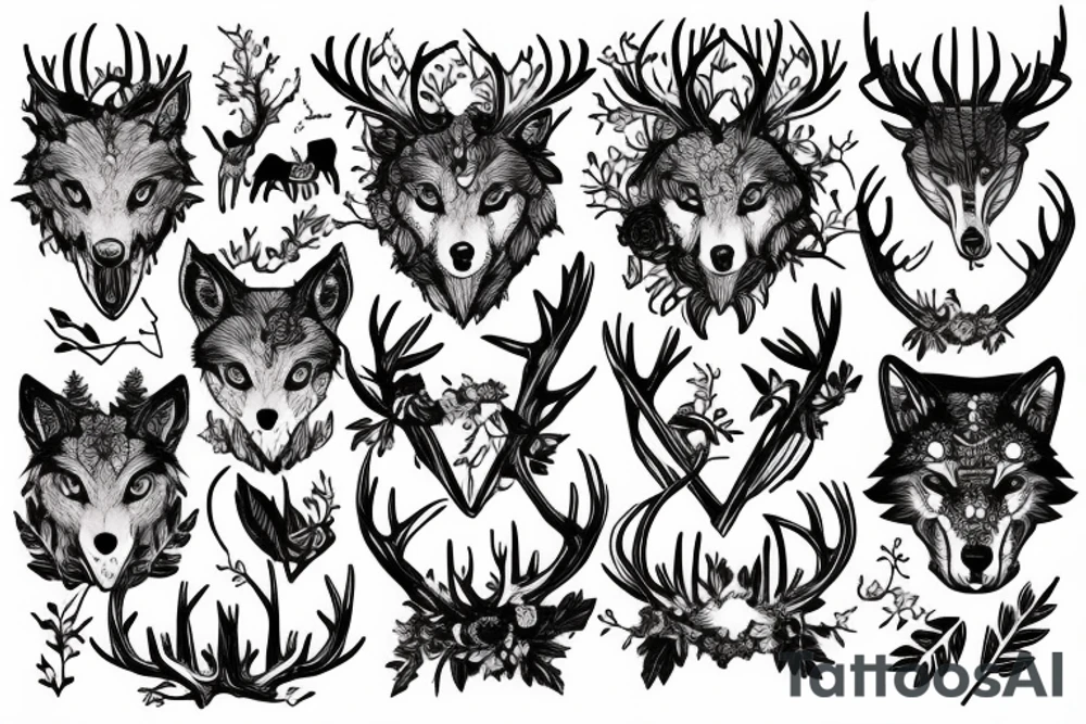 wolf and plants with beautiful antlers. pen dripping blood tattoo idea