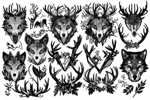 wolf and plants with beautiful antlers. pen dripping blood tattoo idea