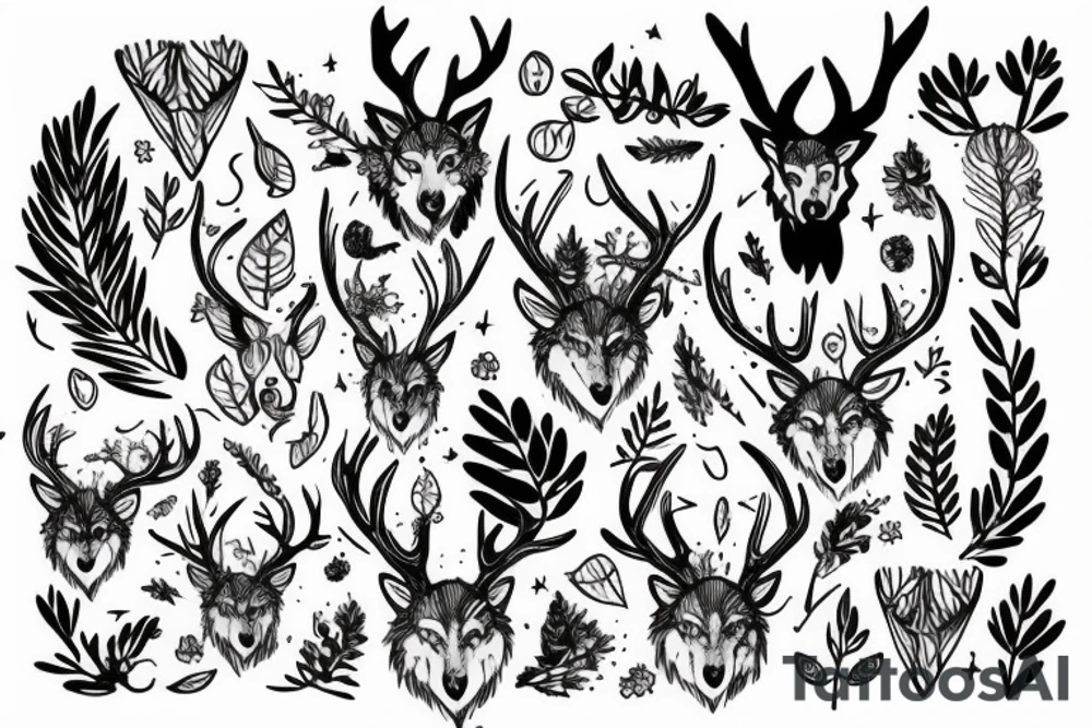 wolf and plants with beautiful antlers. pen dripping blood tattoo idea