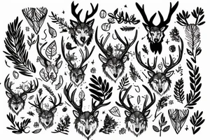 wolf and plants with beautiful antlers. pen dripping blood tattoo idea