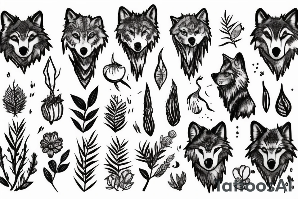 wolf and plants. pen dripping blood tattoo idea
