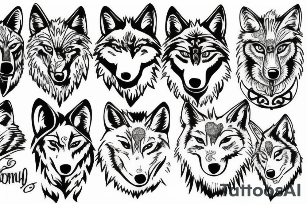 Wolf family of 5 together tattoo idea