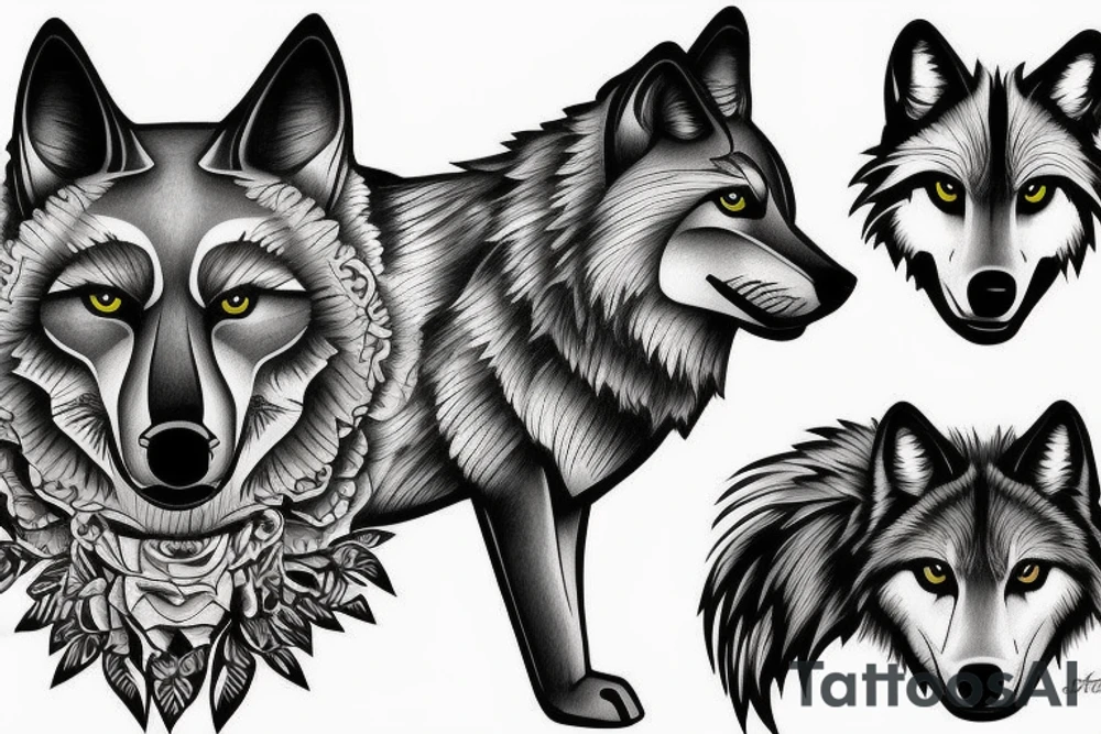 Wolf family of 5 together tattoo idea
