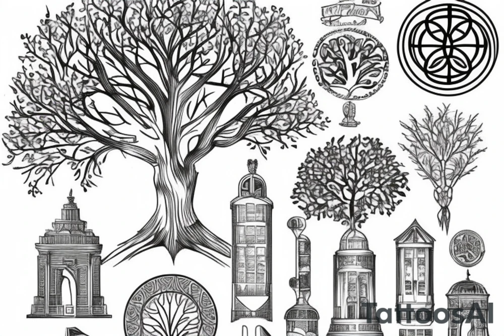 Tree of life with architectural components tattoo idea