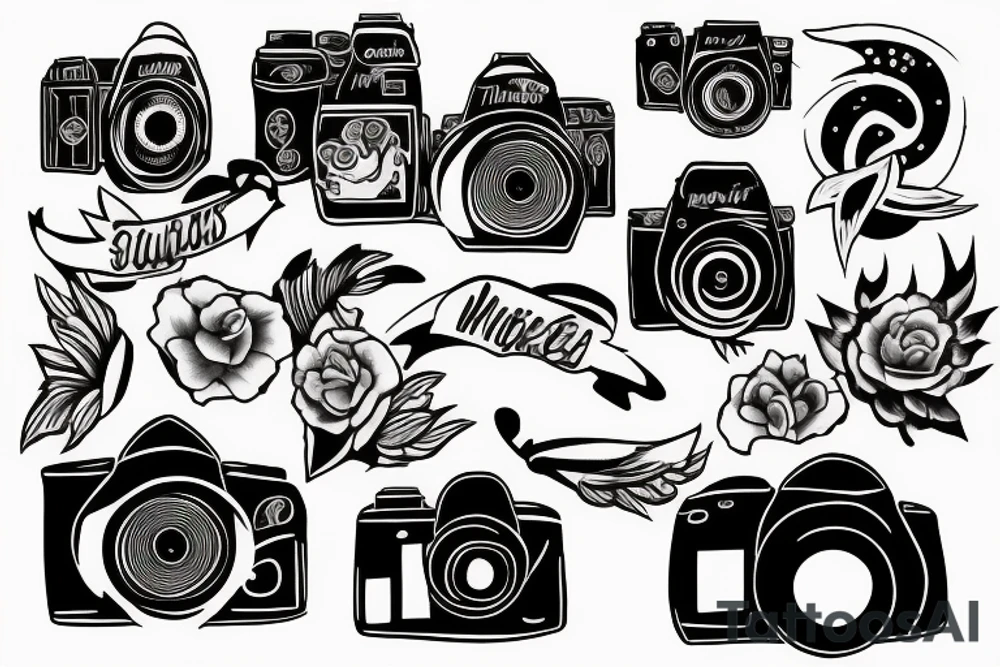 Camera mountains river sunset tattoo idea