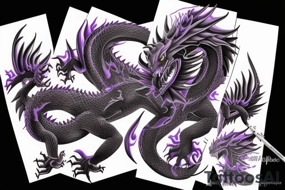 Realistic majestic black and purple dragon tattoo idea