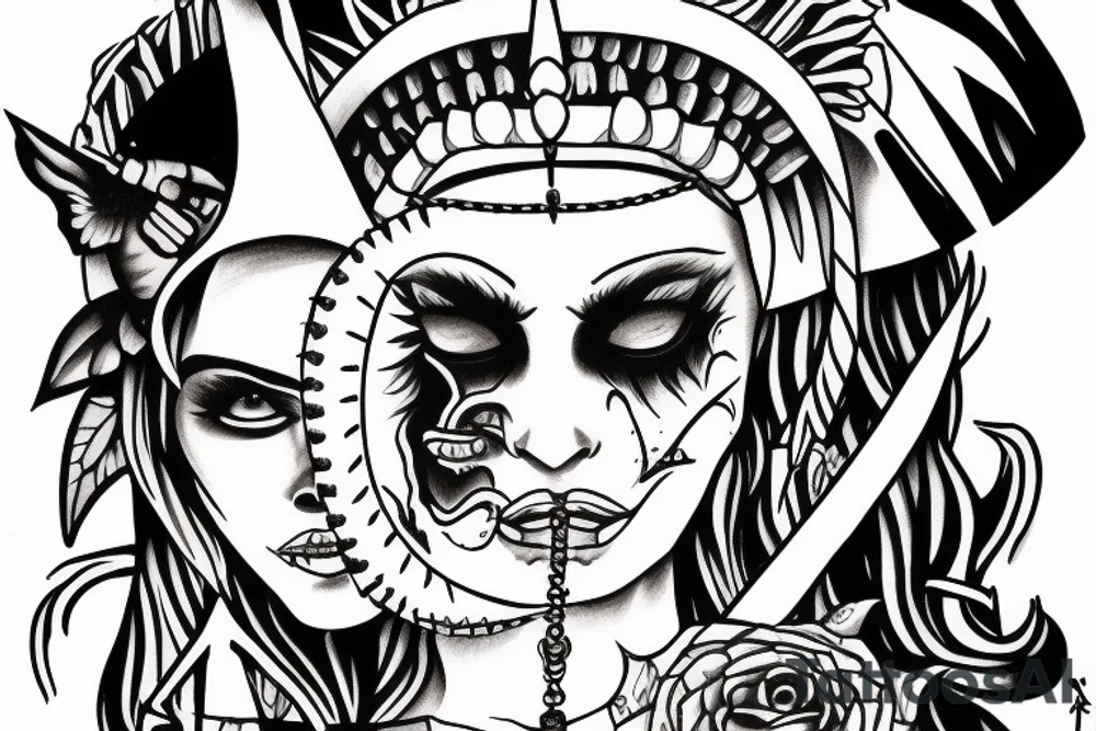 Demon nun holding bloody ruler and native jewelry tattoo idea