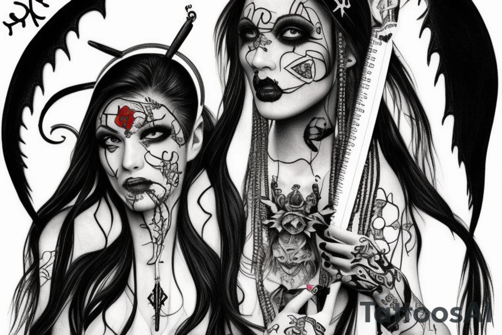 Demon nun holding bloody ruler and native jewelry tattoo idea