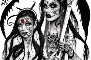 Demon nun holding bloody ruler and native jewelry tattoo idea