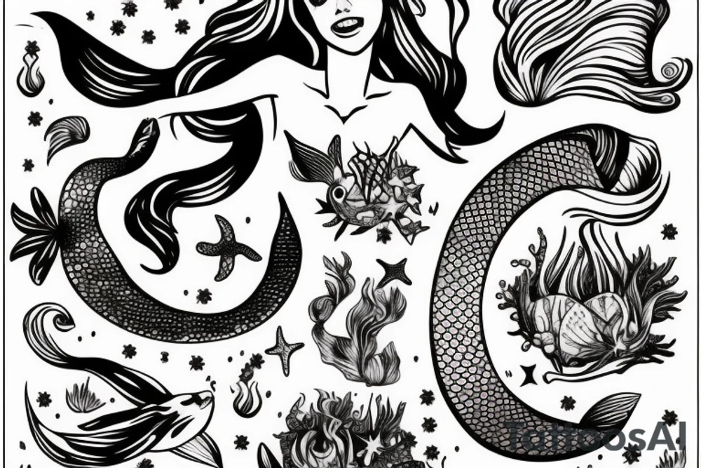 Mermaid with text banner tattoo idea