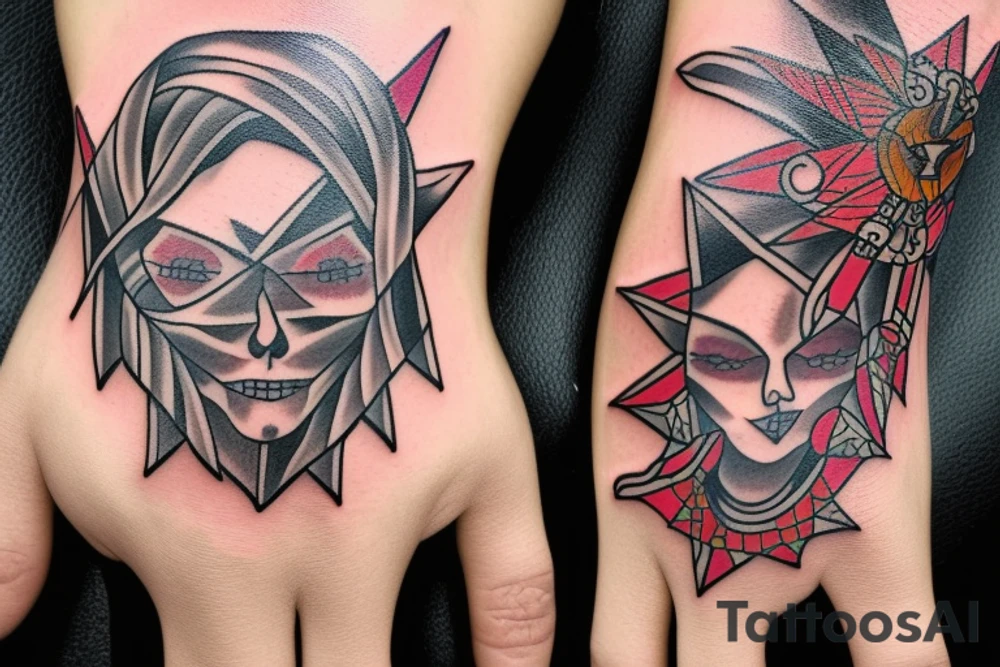 Demon nun holding bloody ruler and native jewelry tattoo idea