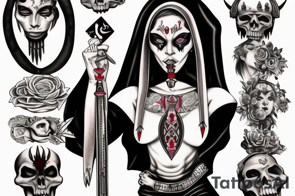 Demon nun holding bloody ruler and native jewelry tattoo idea