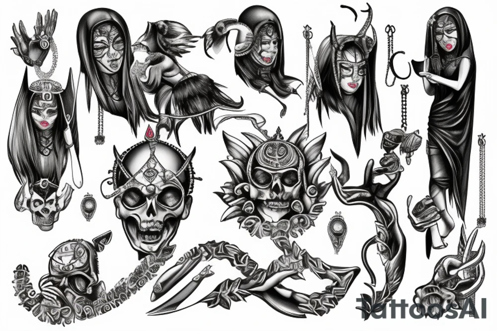 Demon nun holding bloody ruler and native jewelry tattoo idea