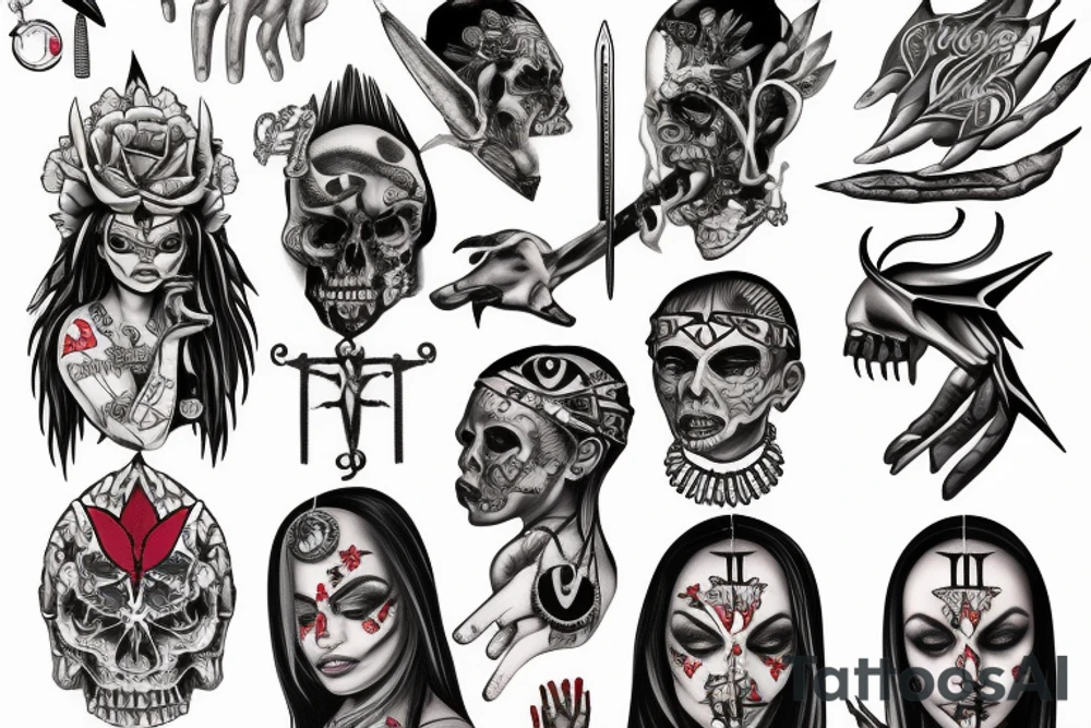 Demon nun holding bloody ruler and native jewelry tattoo idea