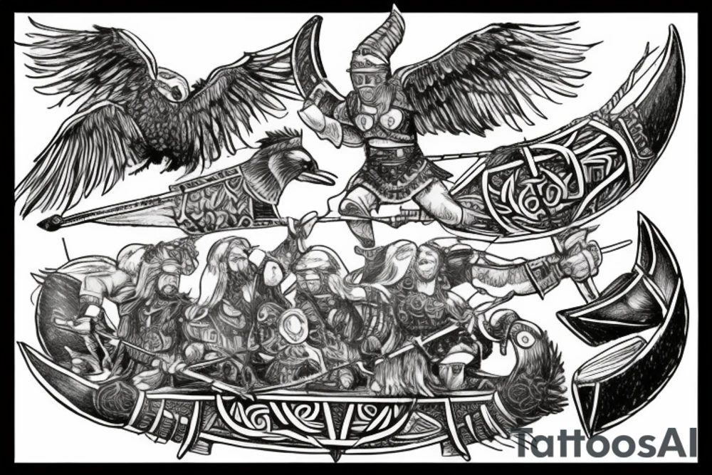Valkyrie holding two viking helmets with viking ship in background and raven flying above two berserkers one femal and one male tattoo idea