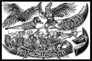 Valkyrie holding two viking helmets with viking ship in background and raven flying above two berserkers one femal and one male tattoo idea