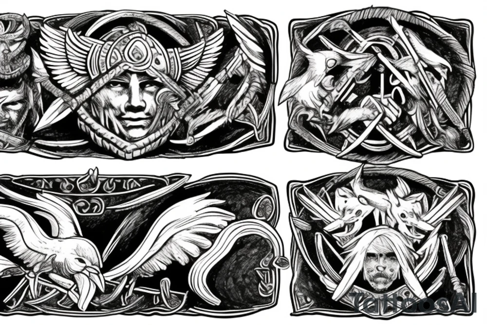 Valkyrie holding two viking helmets with viking ship in background and raven flying above two berserkers one femal and one male tattoo idea