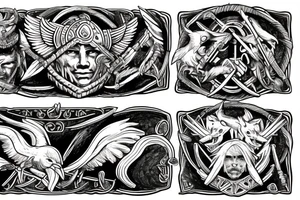 Valkyrie holding two viking helmets with viking ship in background and raven flying above two berserkers one femal and one male tattoo idea