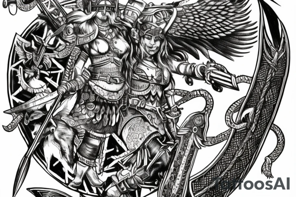 Valkyrie holding two viking helmets with viking ship in background and raven flying above two berserkers one femal and one male tattoo idea