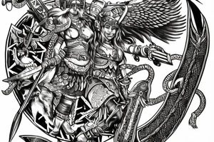 Valkyrie holding two viking helmets with viking ship in background and raven flying above two berserkers one femal and one male tattoo idea