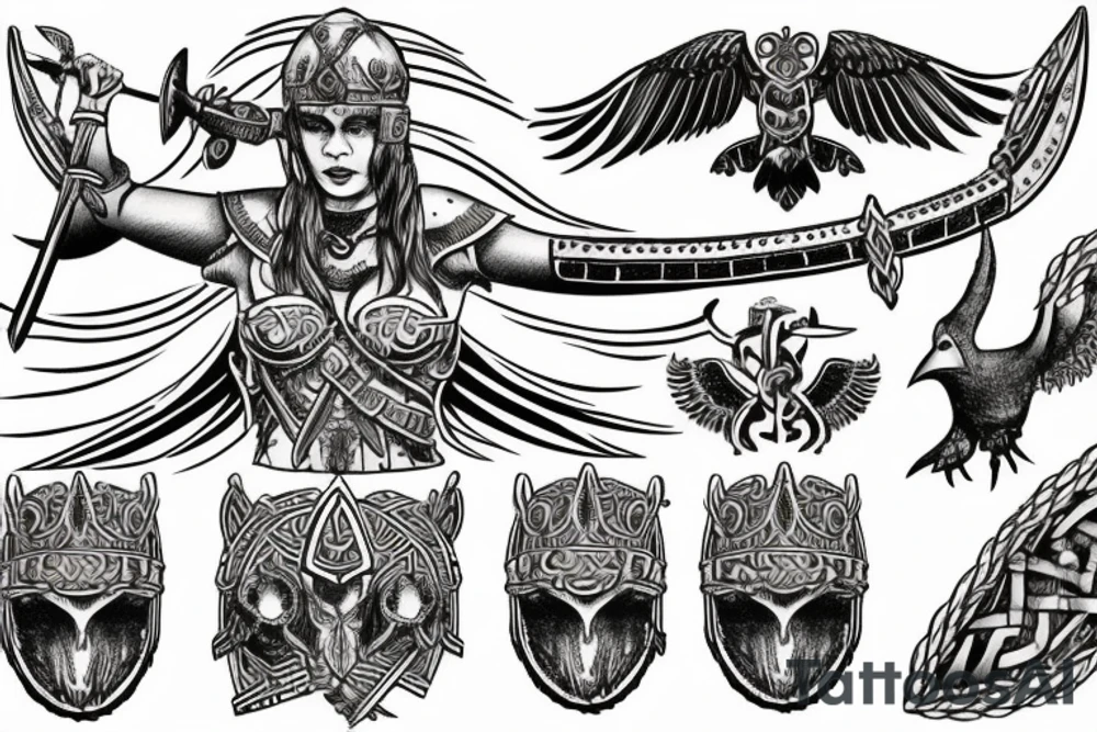 Valkyrie holding two viking helmets with viking ship in background and raven flying above two berserkers one femal and one male tattoo idea