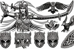 Valkyrie holding two viking helmets with viking ship in background and raven flying above two berserkers one femal and one male tattoo idea
