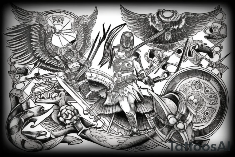 Valkyrie holding two viking helmets with viking ship in background and raven flying above two berserkers one femal and one male tattoo idea