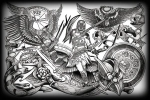 Valkyrie holding two viking helmets with viking ship in background and raven flying above two berserkers one femal and one male tattoo idea