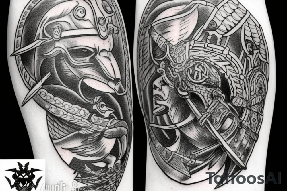 Valkyrie holding two viking helmets with viking ship in background and raven flying above two berserkers one femal and one male tattoo idea