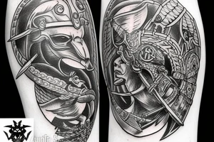 Valkyrie holding two viking helmets with viking ship in background and raven flying above two berserkers one femal and one male tattoo idea