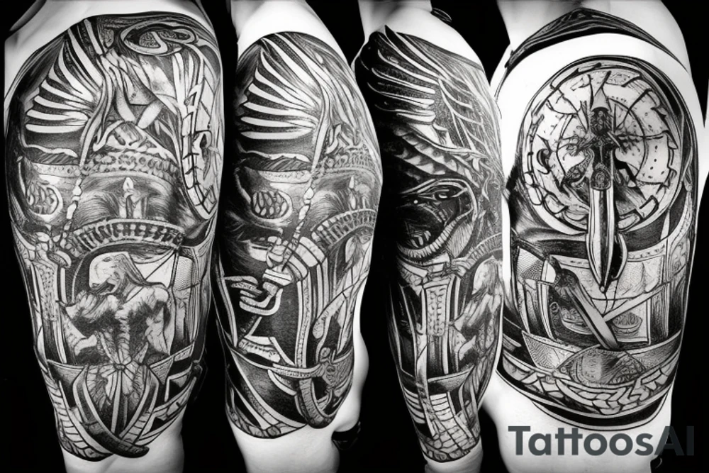 Valkyrie holding two viking helmets with viking ship in background and raven flying above two berserkers one femal and one male tattoo idea
