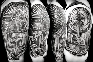 Valkyrie holding two viking helmets with viking ship in background and raven flying above two berserkers one femal and one male tattoo idea