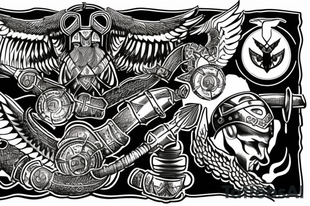 Valkyrie holding two viking helmets with viking ship in background and raven flying above two berserkers one femal and one male tattoo idea