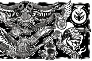 Valkyrie holding two viking helmets with viking ship in background and raven flying above two berserkers one femal and one male tattoo idea